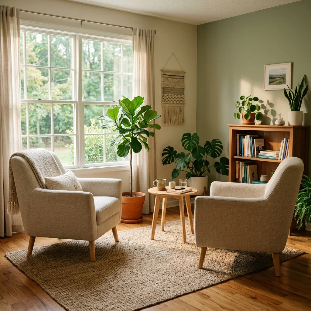Two armchairs in a peaceful couples therapy office in San Antonio
