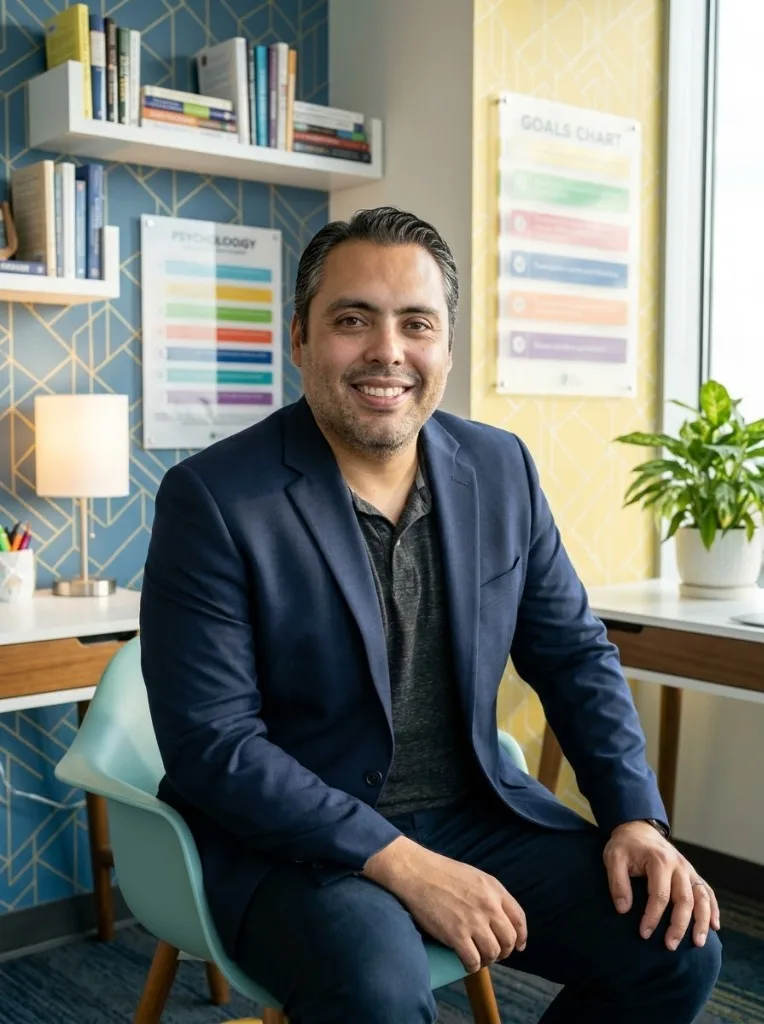 Jorge Yunes, LPC, sitting in his therapy office