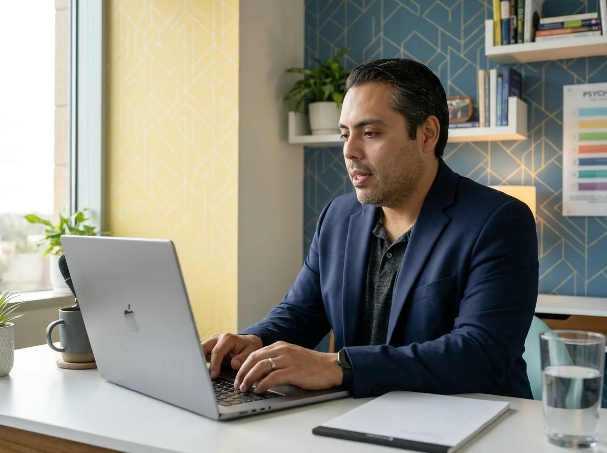 Laptop showing a therapist, representing online telehealth counseling for anxiety and depression